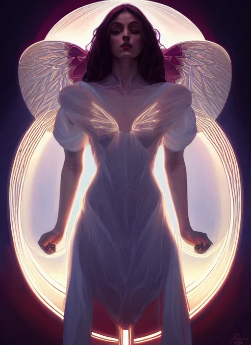 Image similar to symmetry!! demon afraid of angel, glowing lights!! intricate, elegant, good vs evil, highly detailed, digital painting, artstation, concept art, smooth, sharp focus, illustration, art by artgerm and greg rutkowski and alphonse mucha, 8 k