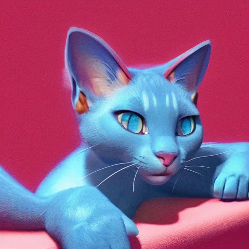 Prompt: a blue cat with oversized ears curled and taking a nap, red background, stunning 3 d render inspired art by greg rutkowski and xiang duan and thomas eakes, perfect facial symmetry, flesh texture, realistic, highly detailed attributes and atmosphere, dim volumetric cinematic lighting, 8 k octane detailed render, post - processing, masterpiece, rtx on, rendering on unreal engine