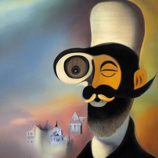 Image similar to picture with abstract elements, man with moustache following princess in the town from 18th century by salvador dali, 4k, painting, artstation