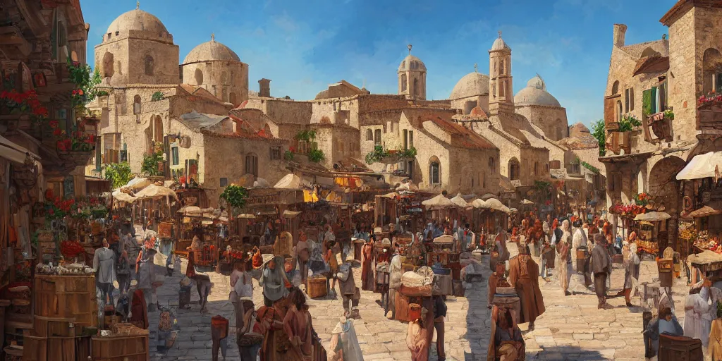 Image similar to a busy medieval Mediterranean street market in the style of Sylvain Sarrailh, Greek islands, old terracotta roofs, narrow streets, stone steps, character design, whitewashed buildings, old port, hanging fabric, bartering merchants, beautiful digital art, cinematic composition, detailed, concept art, Matt painting, oil painting, high res