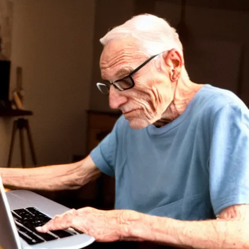 Image similar to A colored colorized real screenshot of Jerma985 as an elderly guy streaming on his computer, taken in the early 2020s, taken on a 2010s Camera, realistic, hyperrealistic, very realistic, very very realistic, highly detailed, very detailed, extremely detailed, detailed, digital art, trending on artstation, headshot and bodyshot, detailed face, very detailed face, very detailed face, real, real world, in real life, realism, HD Quality, 8k resolution, intricate details, colorized photograph, colorized photon, body and headshot, body and head in view