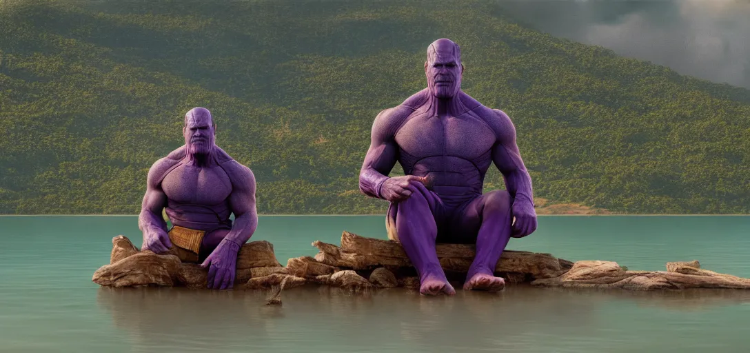 Image similar to a very high resolution image from a new movie. thanos sitting on chair in a lake, photorealistic, photography, directed by wes anderson