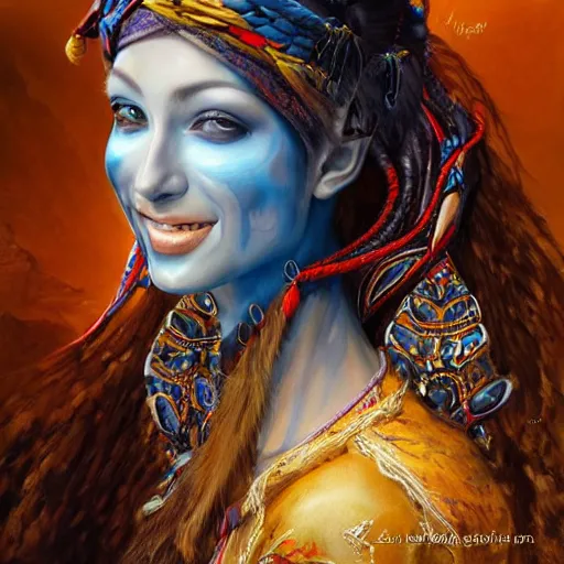 Image similar to a full body beautiful touareg woman by karol bak, ayami kojima, artgerm, sakimichan, arabian beauty, blue eyes, smile, concept art, fantasy