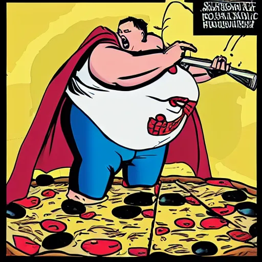 Prompt: graphic novel cover of super hero “Morbidly Obese Man” defeating a huge pizza.