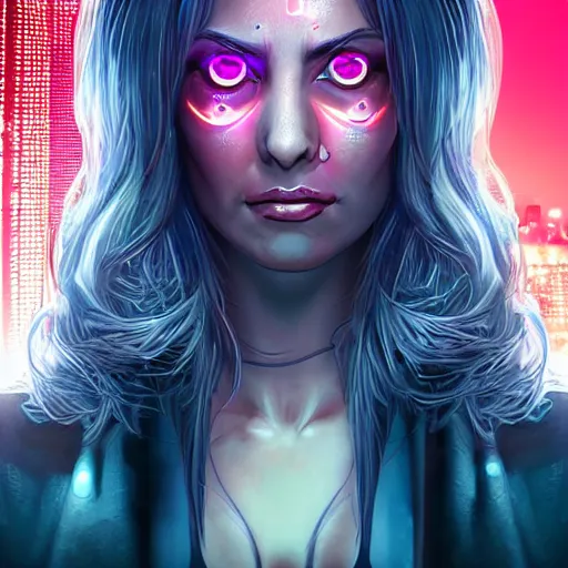 Image similar to A beautiful and detailed portrait of a middle-aged beautiful girl that has bright implants on her face and an angry-desperate look on her eyes. Red eyes trail, bokeh cyberpunk city background, artstation, violet-blue palette, vignette, by artgerm,