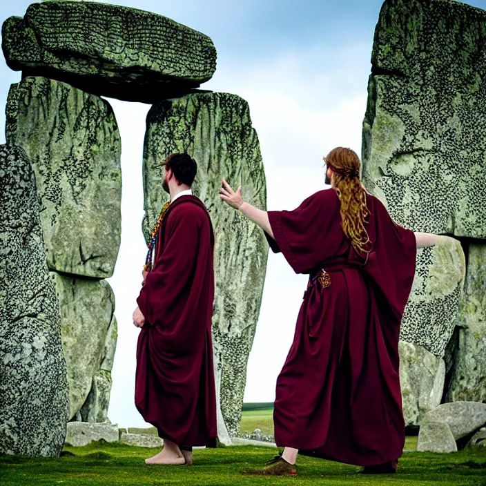 Prompt: photograph of a real-life beautiful druid with ornate robes at stonehenge . Extremely detailed. 8k