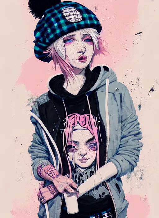 Image similar to highly detailed portrait of an american sewer punk lady student, blue eyes, tartan hoody, hat, white hair by atey ghailan, by greg tocchini, by kaethe butcher, by james gilleard, gradient pink, black, brown, cream and light blue color scheme, grunge aesthetic!!! ( ( graffiti tag wall ) )