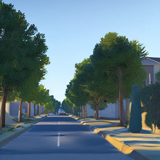 Image similar to neighborhood street, golden hour, golden sunshine, trees over road, shining sun in distance, trees, juniper trees, oak trees, cars parked in street, long street, distance, cel - shaded, raytracing, cel - shading, toon - shading, unreal engine 5