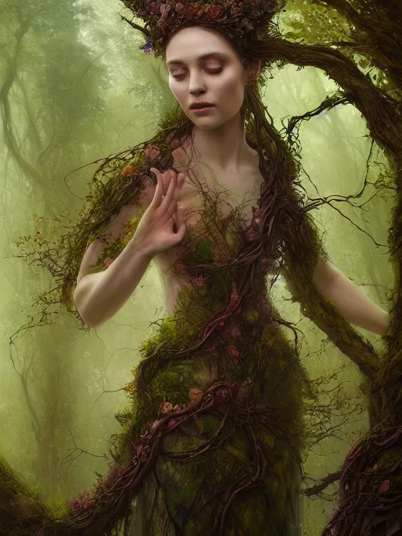 Image similar to Full View Portrait Mystical ethereal woodland deity wearing beautiful dress, Oak Dryad made of vines tree bark moss beautiful dress, 4k digital masterpiece by Greg Rutkowski and Ruan Jia and Tom bagshaw, Alberto Seveso, fantasycore, Hyperdetailed, realistic oil on linen, soft lighting, kush background, featured on Artstation, textured, stylized, intricate details