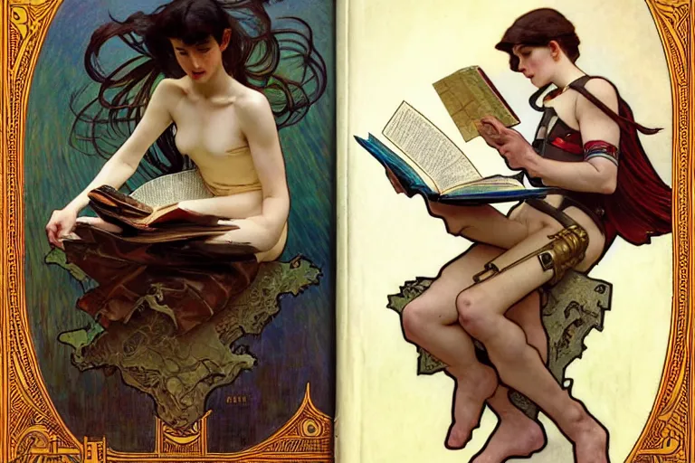 Prompt: !dream a cyborg reading from an old book with a leather cover, art by John Collier and Albert Aublet and Krenz Cushart and Artem Demura and Alphonse Mucha