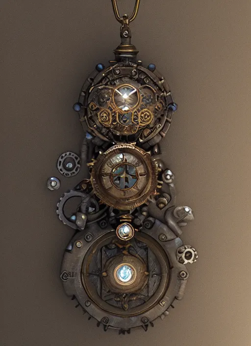 Image similar to steampunk amulet with diamond jewel and small steam tubes, volumetric lightning, octane render, realistic fog, extremely high detailed