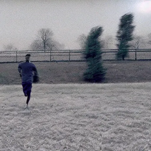 Image similar to cctv footage of a man running across a field, in the background is a large explosion, highly detailed, very realistic.