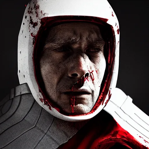 Image similar to portrait of a 5 0 year old soldier with vertical grooves on his nose, angular eyebrows, wearing blood - spattered glossy sleek white dinged scuffed armor and a long torn red cape, heroic posture, battle - weary, strained expression, determined expression, no helmet, on the surface of mars, dramatic lighting, cinematic, sci - fi, hyperrealistic, detailed