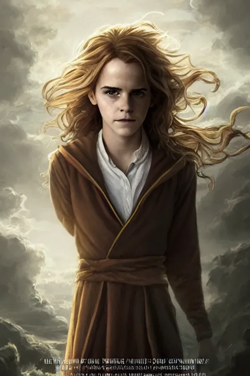 Image similar to Poster artwork, Emma Watson as Hermione Granger, wearing hogwarts!!! robes!!!, young!!!, prisoner of Azkaban, magnificent, close up, details, sharp focus, elegant, highly detailed, illustration, by Jordan Grimmer and greg rutkowski and PiNe(パイネ) and 薯子Imoko and 香川悠作 and wlop!!!! and maya takamura, intricate, beautiful, sunset!!!, Trending artstation, pixiv, digital Art