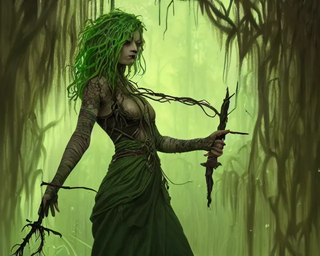 Image similar to portrait of a swamp witch, green colored skin, green hair, holding a caduceus staff, messy hair, deep focus, d & d, fantasy, intricate, elegant, highly detailed, digital painting, artstation, concept art, matte, sharp, illustration, hearthstone, art by artgerm and greg rutkowski and alphonse mucha