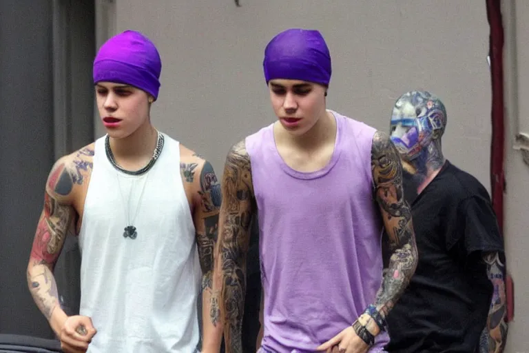 Prompt: justin bieber as a gang member wearing a purple head covering made from a polyester or nylon material and a stained white tank top caught dealing drugs inside a detroit gang trap house, arms covered in gang tattoo, paparazzi, leaked footage, uncomfortable, bad quality