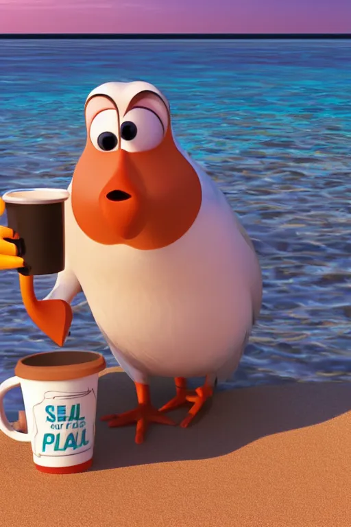 Image similar to Seagull Pixar character drinking a cup of coffee in the beach, Up movie style, 3d render