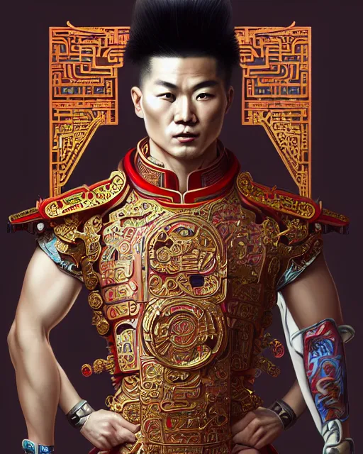 Image similar to portrait of a chinese masculine male cyberpunk machine, machine face, upper half portrait, decorated with chinese opera motifs, muscular, asian, fine china, wuxia, traditional chinese art intricate intense elegant 京 剧 highly detailed digital painting artstation concept art smooth sharp focus illustration, art by artgerm and greg rutkowski alphonse mucha 8 k