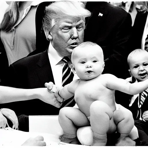 Prompt: Donald Trump arm wrestling a baby, paparazzi