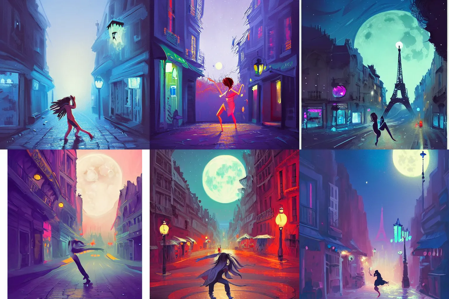 Prompt: intricate digital painting of a person passionately dancing in a street in paris at night, blue moonlight, giant moon, by Anton Fadeev and Christian Dimitrov, concept art, romantic, trending on artstation,