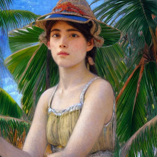 Image similar to a ultradetailed beautiful painting of a girl in the amazonas palace balustrade designed by jules bastien - lepage, tarsila do amaral, frank weston and gustave baumann, beach, trending on artstation, mediterranean, palm trees, hyper detailed face, sharp focus, soft light, 8 k 4 k