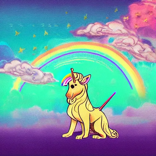 Prompt: old english sheet dog with a unicorn horn and wings flying in the sky with rainbows synthwave