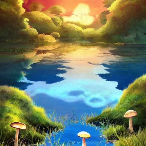 Prompt: a beautiful lake with cute little mushrooms growing around it, fantasy art, 2 d, sunshine, warm colors, relaxing, calm, cozy, peaceful, by studio ghibli