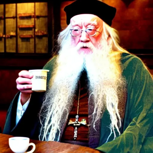 Prompt: Dumbledore sips coffee at Starbucks