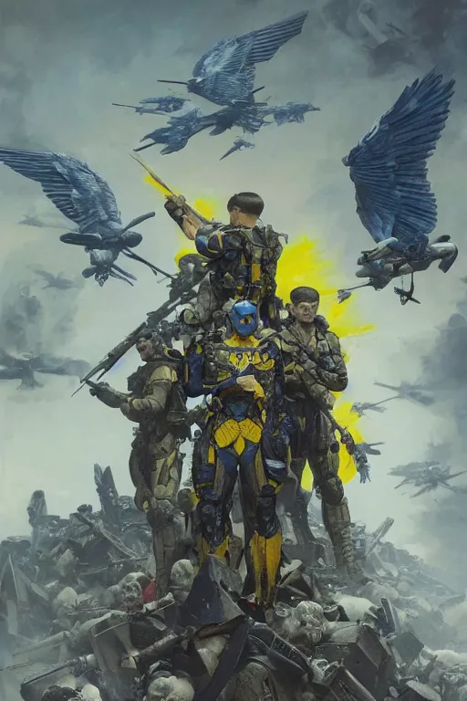 Image similar to A distant shot of a super soldier with a Ukrainian blue and yellow uniform with wings is standing on a pile of skulls, Call of Duty, marvel comics, dark, intricate, highly detailed, smooth, artstation, digital illustration by Ruan Jia and Mandy Jurgens and Artgerm and Wayne Barlowe and Greg Rutkowski and Frank Frazetta