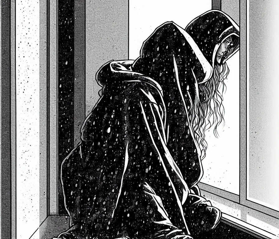 Image similar to sadie sink in hoodie sits on windowsill, knees tucked in as rain falls at night : b & w storyboard drawing, scifi cyberpunk. by joe alves, gabriel hardman, chris bonura. cinematic atmosphere, detailed and intricate, perfect anatomy