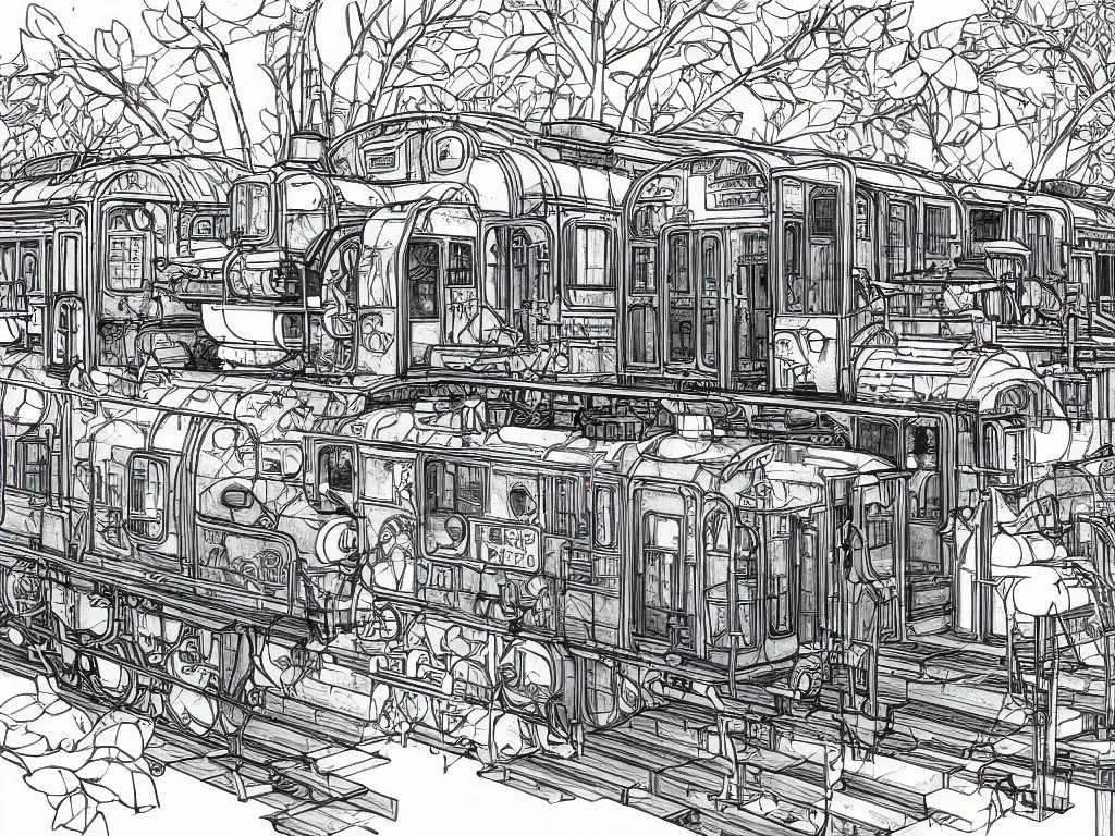 Image similar to blueprint sideview of a anime train, illustration, concept art, autumn light, colorful, beautiful, inspired by studio ghibli, inspired by hayao miyazaki, manga, cute and adorable