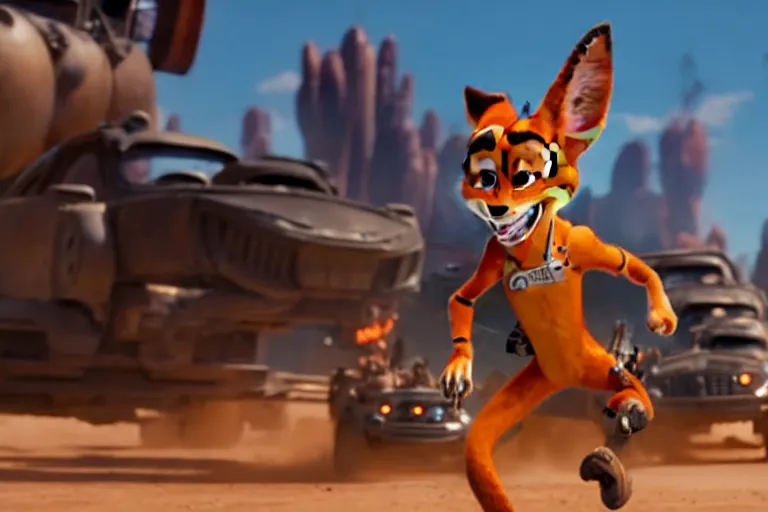 Image similar to nick wilde ( from zootopia ), heavily armed and armored facing down armageddon in a dark and gritty reboot from the makers of mad max : fury road