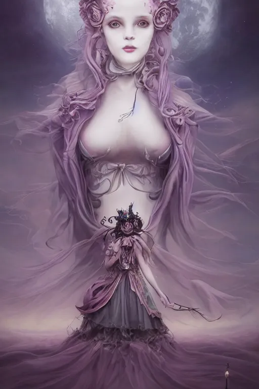 Prompt: breathtakingly beautiful painting of an elegant Gothic Lolita woman, beautiful hair, symmetrical face, moonlit purple sky, matte painting by brian froud, Shaun Tan , WLO and Peter Mohrbacher, highly detailed, intricate, ,award winning artwork, trending on artstation, high quality printing, fine art with subtle redshift rendering