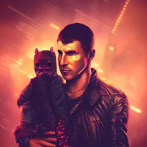 Image similar to blade runner style image of cyberpunk character and his baby dragon