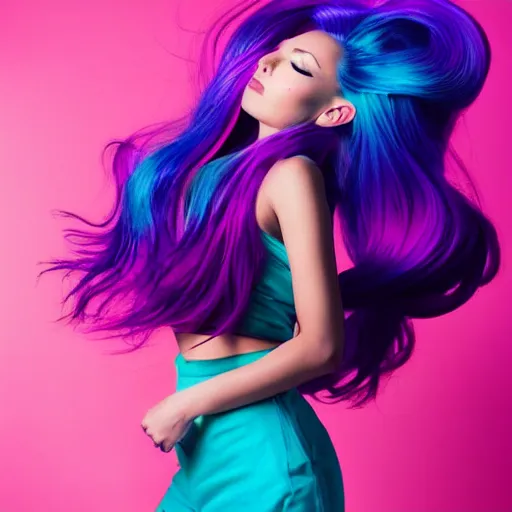 Image similar to a award winning full body shot of a beautiful woman in a croptop with a ombre purple pink teal hairstyle with head in motion and hair flying, outrun, vaporware, vivid colors, highly detailed, fine detail, intricate