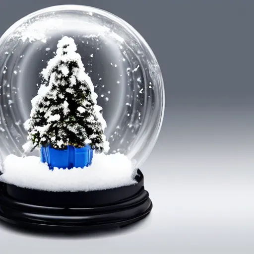 Image similar to picture of a snow globe, inside the snow globe is a small town. Background is pure black. Snow globe is on a gray desk. Studio lighting