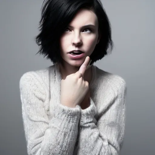 Image similar to a photo of a young woman with short wavy black hair. moody melanchonic.