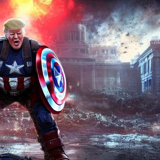 Image similar to Portrait! of President Donald Trump as ((captain america)) in Gears of War, splash art, movie still, cinematic lighting, dramatic, octane render, long lens, shallow depth of field, bokeh, anamorphic lens flare, 8k, hyper detailed, 35mm film grain