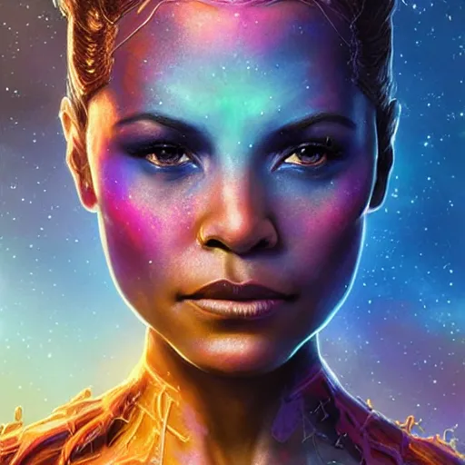 Prompt: portrait of beautiful nebula from guardians of the galaxy, passionate pose, intricate, elegant, space glow, sharp focus, soft bokeh, illustration, highly detailed, concept art, matte, trending on artstation, vibrant colors, 3 d 8 k, art by wlop and artgerm and greg rutkowski, mucha, giger, marvel comics, beksinski