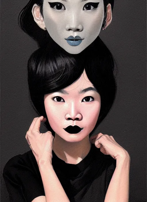 Image similar to portrait of a thai woman with crooked nose and a confident expression, 1 9 6 0 s, black clothes, goth, punk, brightly coloured hair, funk, intricate, elegant, highly detailed, digital painting, artstation, concept art, smooth, sharp focus, illustration, art by wlop, mars ravelo and greg rutkowski