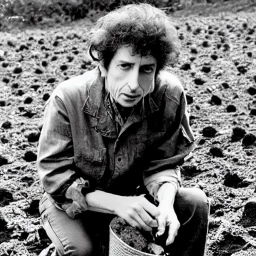 Image similar to bob dylan on his hands and knees picking through the soil looking for grubs, photograph