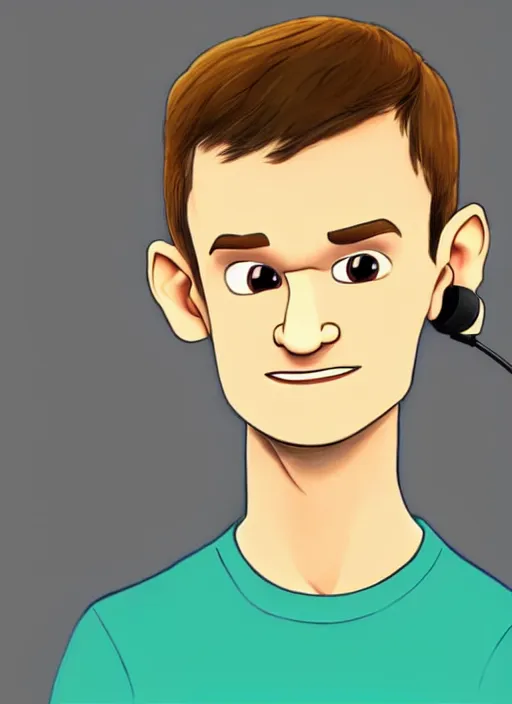 Image similar to vitalik buterin in headphones starring in pixar cartoon. vitalik buterin, medium shot, perfect symmetric face, coherent eyes, pixar cartoon style, beautiful smiling face, high detail, very sharp, 4 k