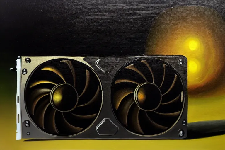 Image similar to a vanitas painting depicting an NVIDIA RTX A100 GPU, graphics card