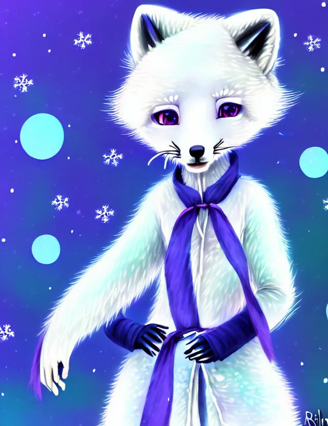 Image similar to a cute anthropomorphic arctic fox girl anthro wearing indigo ribbons and a fluffy robe, winter park background, very anime!!! kawaii!! furry!! intricate details, aesthetically complementary colors, scenic background, art by rising artists with a radically new style. trending on artstation, top rated on pixiv and furaffinity