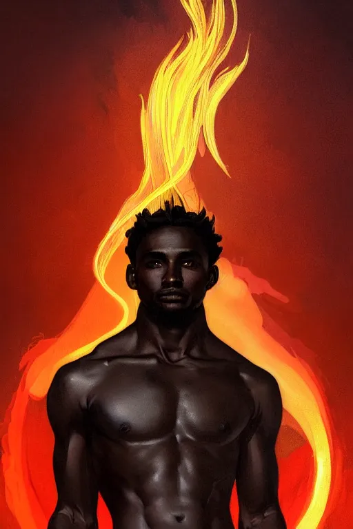 Image similar to portrait of a beautiful young fit male spirit with fire hairs and coal black skin, fire halo, by greg rutkowski and alphonse mucha, d & d character, gradient red to yellow, in front of a desert background, highly detailed portrait, digital painting, artstation, concept art, smooth, sharp focus ilustration, artstation hq