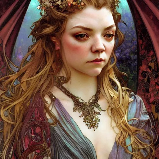 Prompt: realistic detailed face portrait of young Natalie Dormer Bride by Alphonse Mucha, Ayami Kojima, Amano, Charlie Bowater, Karol Bak, Greg Hildebrandt, Jean Delville, and Mark Brooks, Art Nouveau, Neo-Gothic, Surreality, gothic, rich deep moody colors