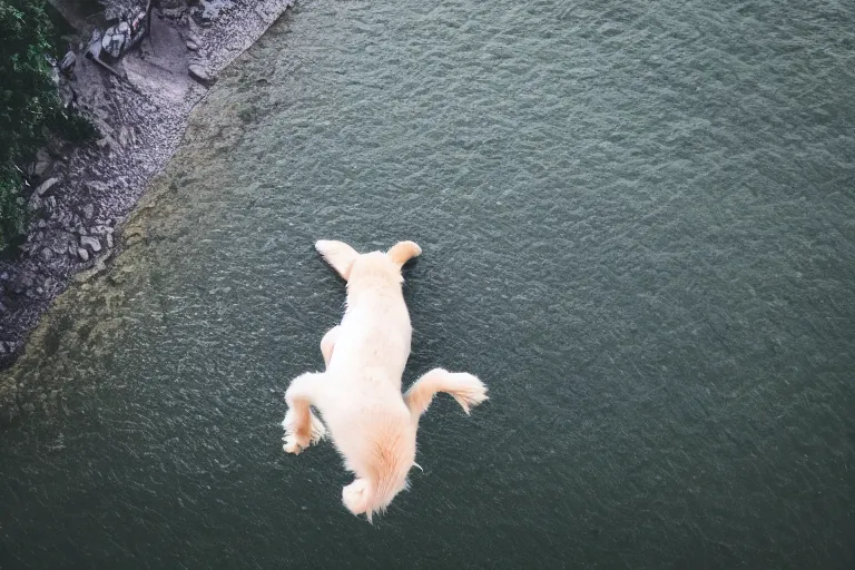 Image similar to an high angle view of a scared puppy that is looking directly down at the water below while standing at the edge