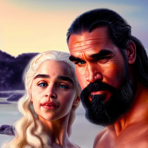 Prompt: beautiful serene intricate portrait of daenerys targaryen and khal drogo taking a selfie, smiling softly, relaxing on the beach, golden hour, soft focus, 8 k, art by irakli nadar, hyperrealism, hyperdetailed, ultra realistic