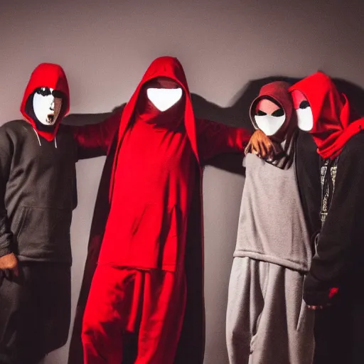 Prompt: five rappers in balaclavas, hoodies, and domino masks stand close together in chiaroscuro lighting. one of them is crucified on a brightly lit cross. blurry photo. bloody red text on top