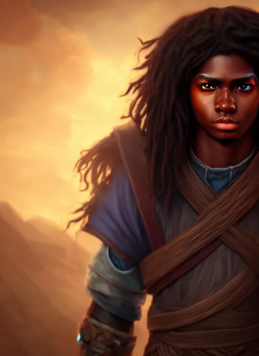 Image similar to An epic fantasy comic book style portrait painting of a young dark skinned long haired boy peasant with intelligent eyes, unreal 5, DAZ, hyperrealistic, octane render, cosplay, RPG portrait, dynamic lighting